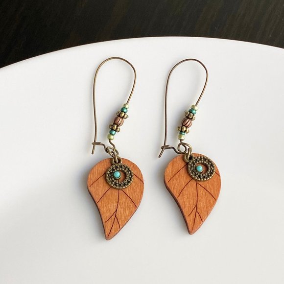 NEW Wooden Leaf Earrings - Picture 2 of 6